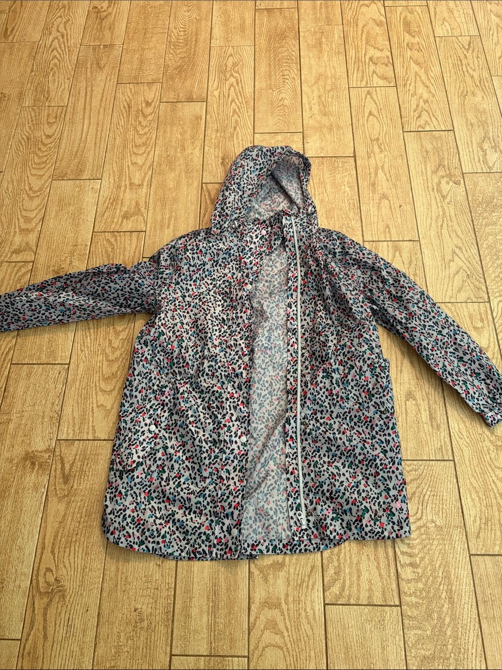 Gray Hooded Rain Jacket with Multicolor Leopard Spots
